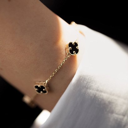 Браслет "Конюшина" з оніксом mini (жовте золото) б05244 №8