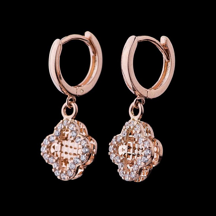 Золотые серьги "Клевер" с фианитами с04420 от ювелирного магазина Оникс - 1