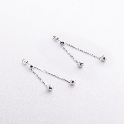 Серьги - пусеты с шариками на цепочке (белое золото) 580142в