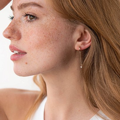 Золотые серьги - пусеты "Миранда" с жемчугом на цепочке с07939 №2