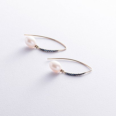 Золоті сережки - петельки "Олівія" з перлами і фіанітами с08518 №3