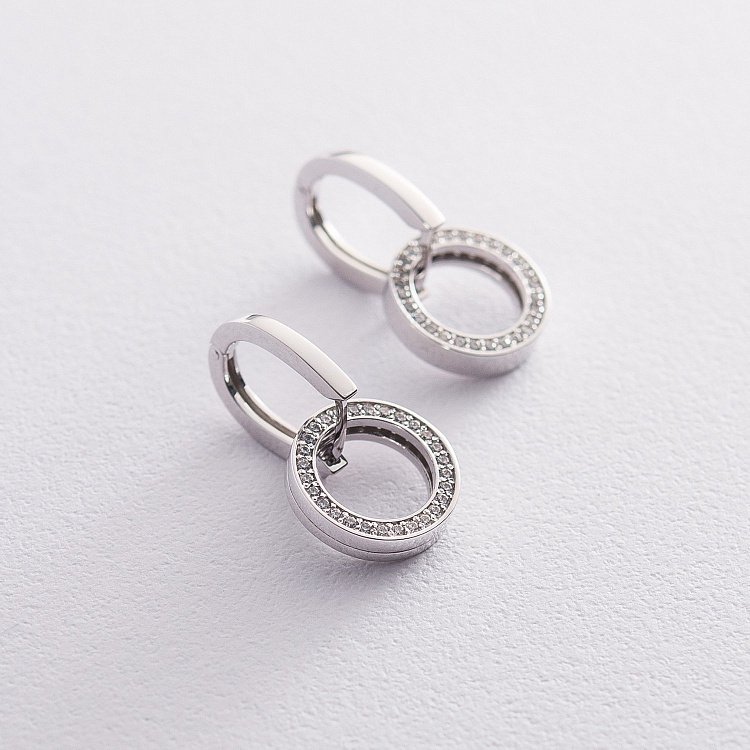 Серьги с кольцами в белом золоте (фианиты) с06519 от ювелирного магазина Оникс - 4