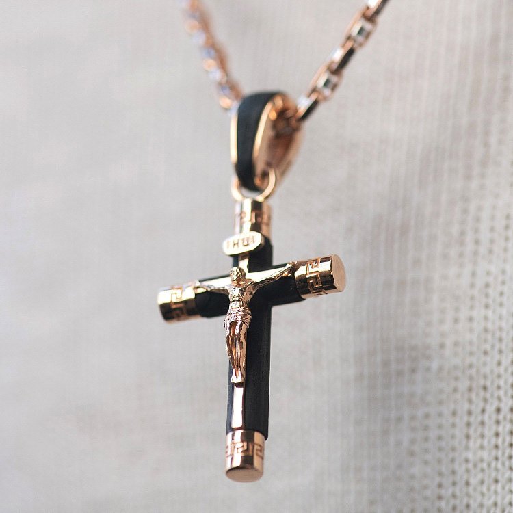 Мужской православный крест "Распятие. Спаси и Сохрани" (на укр. языке) из эбенового дерева и золота п03473 - 2 Мужской православный крест "Распятие. Спаси и Сохрани" (на укр. языке) из эбенового дерева и золота п03473 от ювелирного магазина Оникс - 2