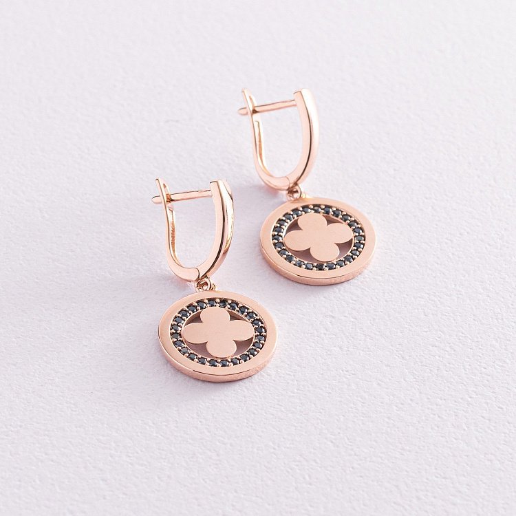 Серьги "Клевер" в красном золоте (черные фианиты) с07691 от ювелирного магазина Оникс