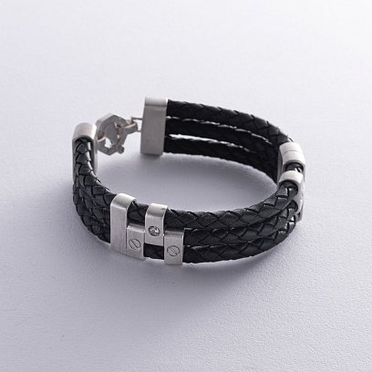 Чоловічий срібний браслет з фіанітами (шкіра) 368 №6