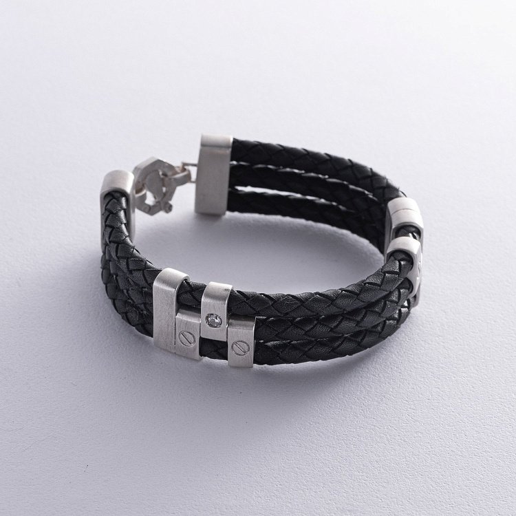 Чоловічий срібний браслет з фіанітами (шкіра) 368 від ювелірного магазину Онікс - 5