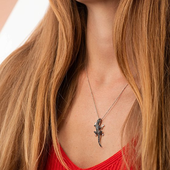 Підвіска "Ящірка" у бі﻿лому золоті (фіаніти) п03833 №2