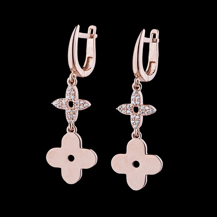 Золотые серьги "Клевер" с фианитами с04855 от ювелирного магазина Оникс - 1