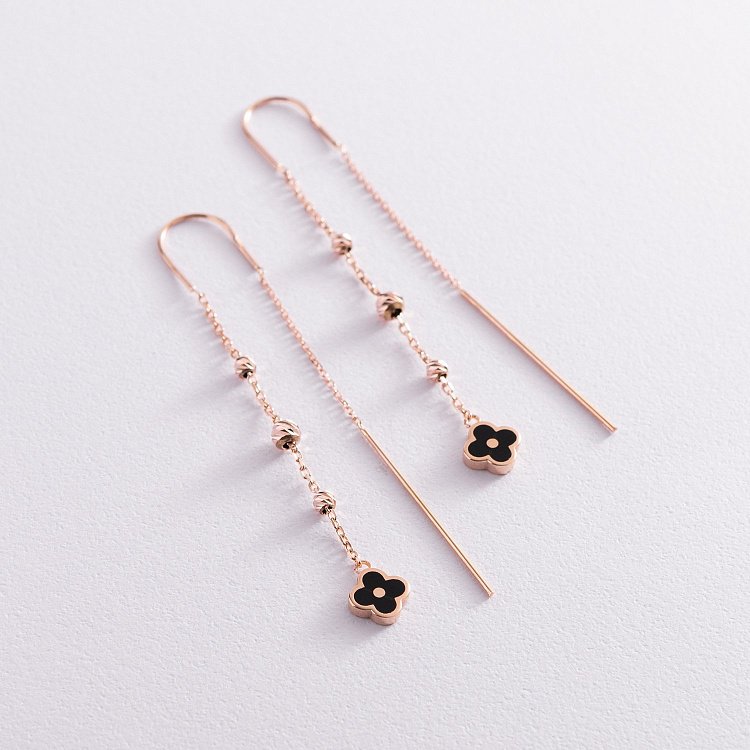 Золотые серьги - протяжки "Клевер" (эмаль) с07613 от ювелирного магазина Оникс