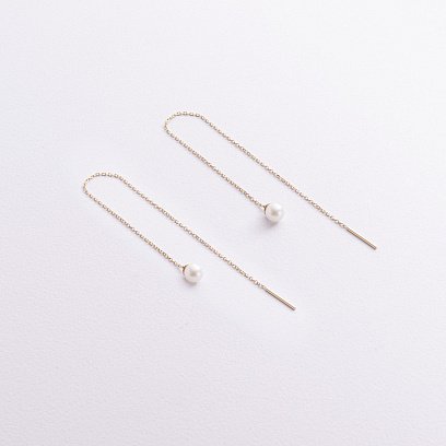 Сережки - протяжки з перлами (жовте золото) с09071 №2