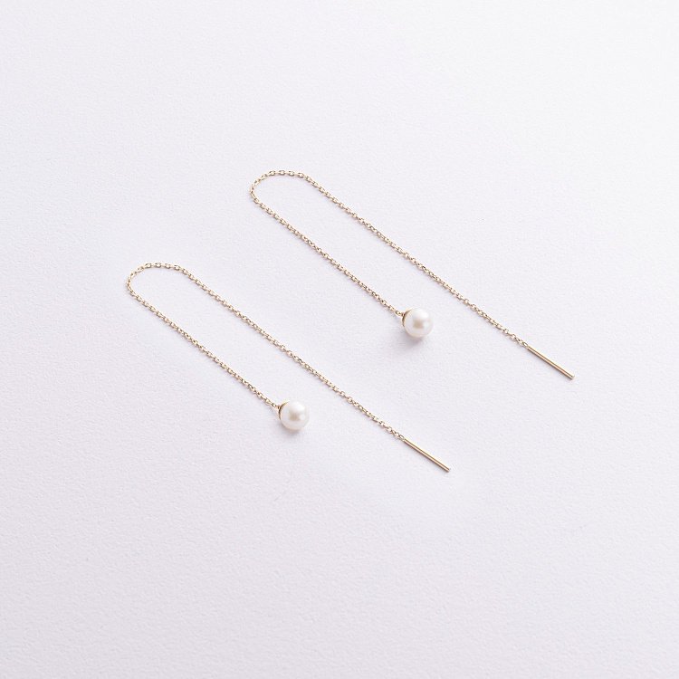 Сережки - протяжки з перлами (жовте золото) с09071 від ювелірного магазину Онікс - 1