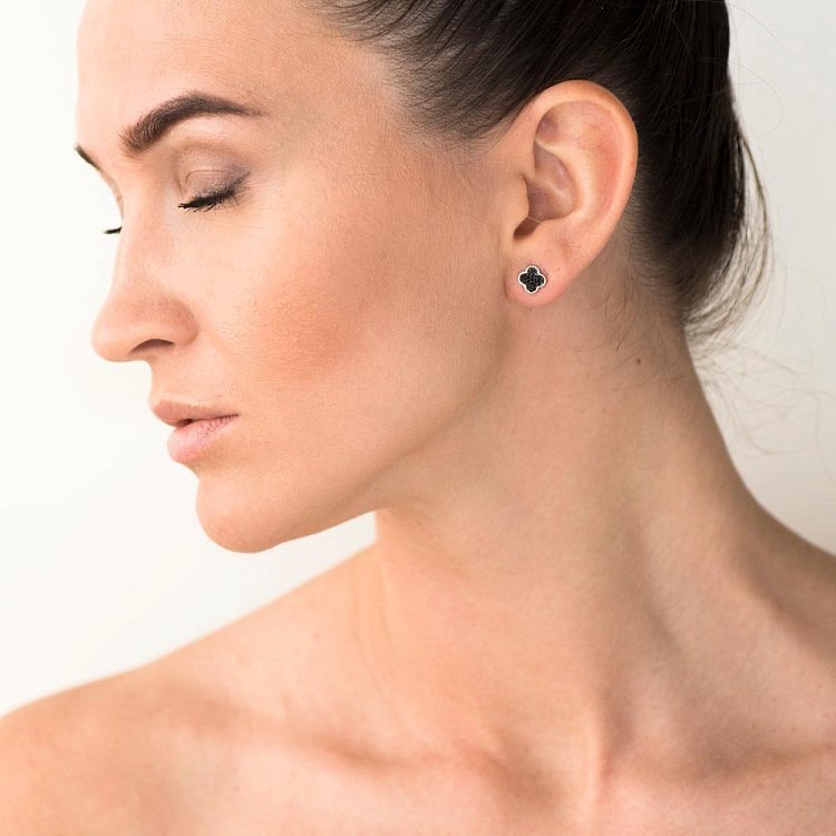 Золоті сережки-пусети "Конюшина" (чорні фіаніти) с05632 від ювелірного магазину Онікс - 4