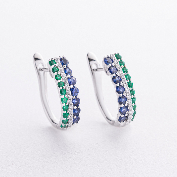 Серьги в белом золоте (бриллианты, изумруды, сапфиры) сб0721lg от ювелирного магазина Оникс