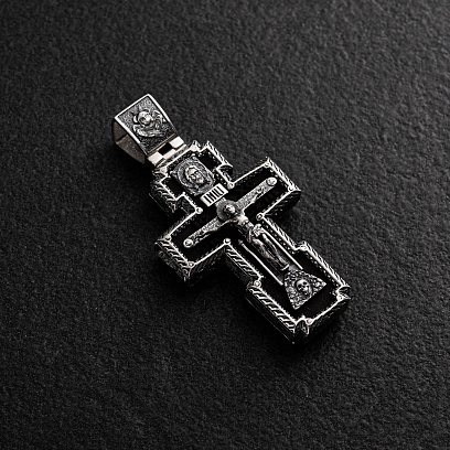Срібний хрест "Розп'яття. Св. Миколай. Спаси і Збережи" з ебеновим деревом 1774 №2
