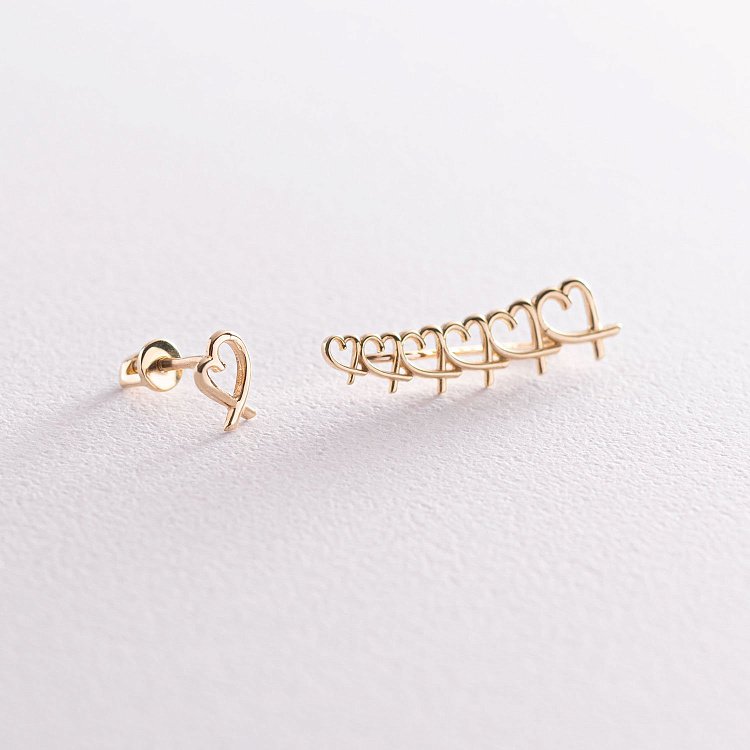 Сережки - клаймбери "Сердечки" в жовтому золоті с07155 від ювелірного магазину Онікс