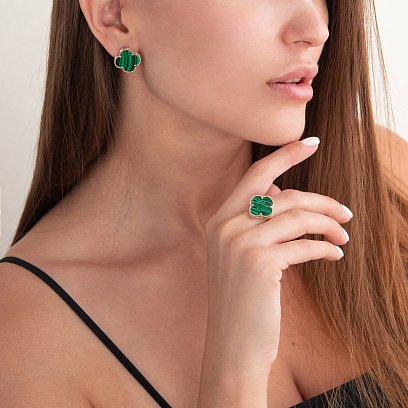 Золотое кольцо "Клевер" с малахитом к06881 №2