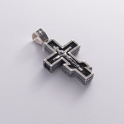 Чоловічий православний хрест "Розп'яття. Спаси та Збережи" з ебенового дерева та срібла 1329 №6