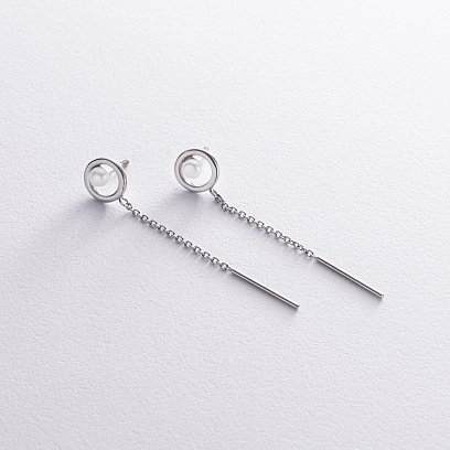 Срібні сережки - пусети з ланцюжками і перлами 40017 №5