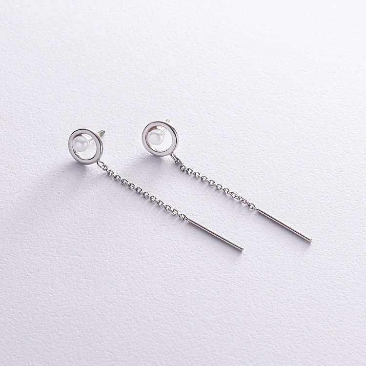 Срібні сережки - пусети з ланцюжками і перлами 40017 від ювелірного магазину Онікс - 4