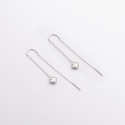 Срібні сережки - протяжки "Конюшина" з перламутром 123509