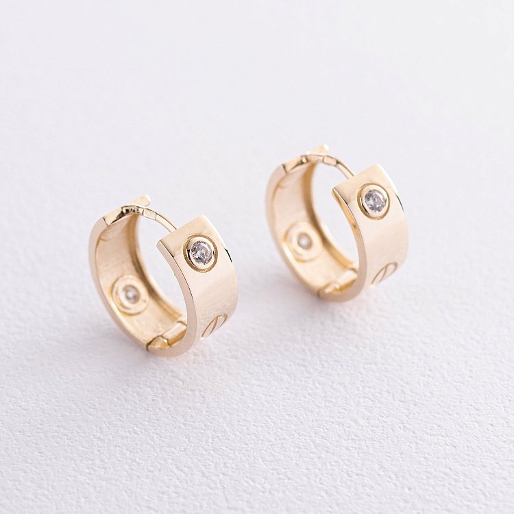 Серьги - кольца "Love" в желтом золоте (фианиты) с07214 от ювелирного магазина Оникс - 6