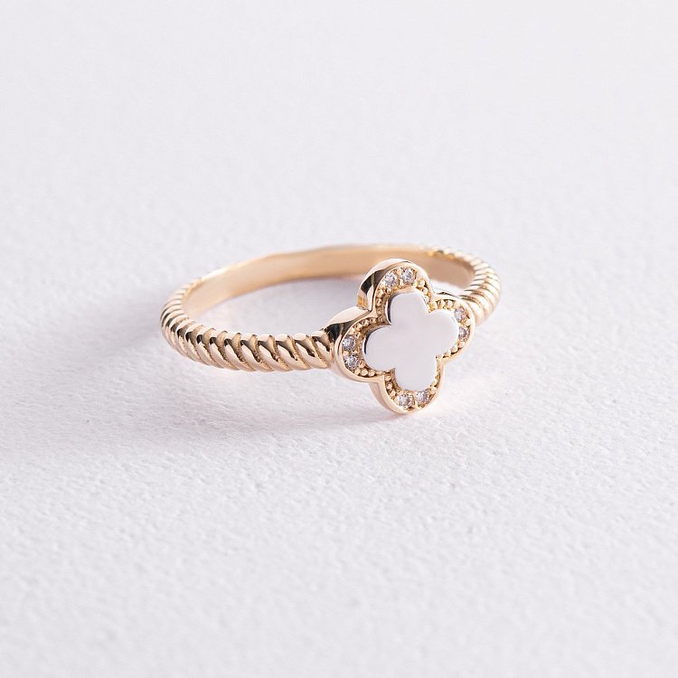 Золота каблучка "Конюшина" з фіанітами к07007 від ювелірного магазину Онікс