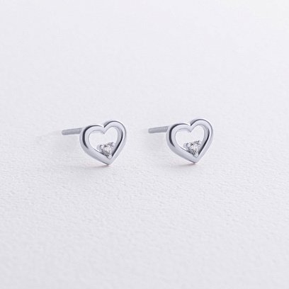 Серьги - пусеты "Сердечки" в белом золоте (фианиты) с08474