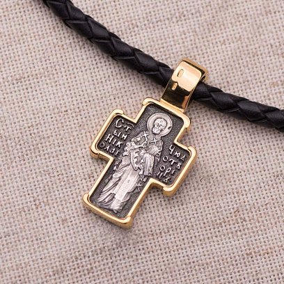 Серебряный православный крест "Распятие. Св. Николай Чудотворец" с позолотой 132498 №7