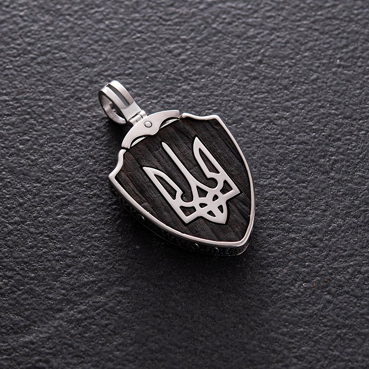 Серебряный кулон "Герб України - Тризуб. Ангел Охоронець. Слава Україні - Героям Слава" с эбеновым деревом 972 от ювелирного магазина Оникс