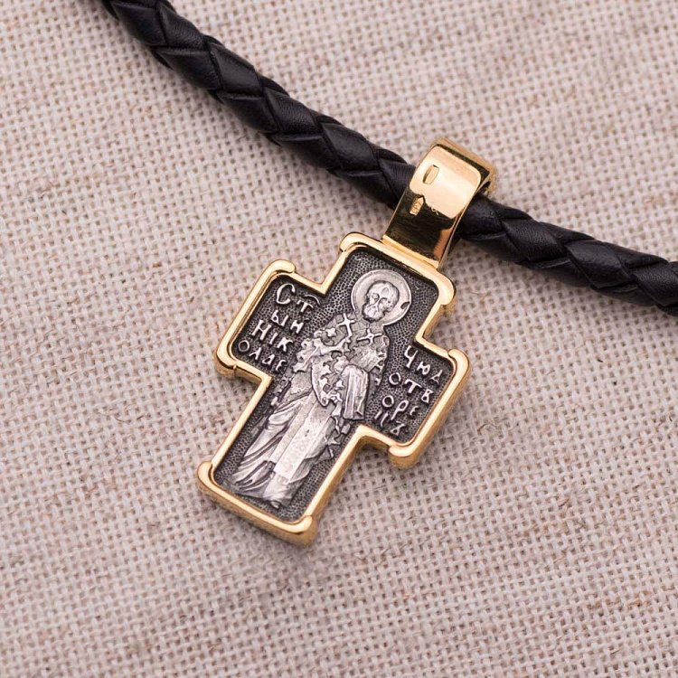 Серебряный православный крест "Распятие. Св. Николай Чудотворец" с позолотой 132498 от ювелирного магазина Оникс - 6