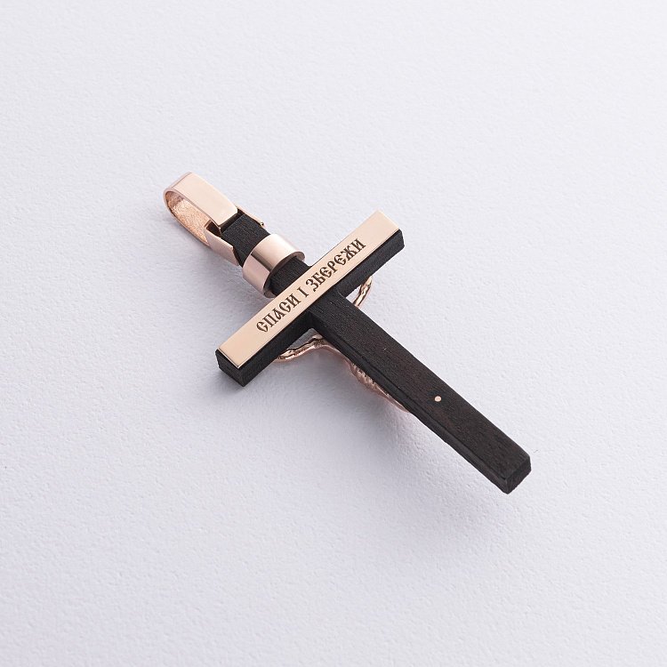 Мужской православный крест "Распятие. Спаси и Сохрани" (на укр. языке) из эбенового дерева и золота п03677 от ювелирного магазина Оникс - 1