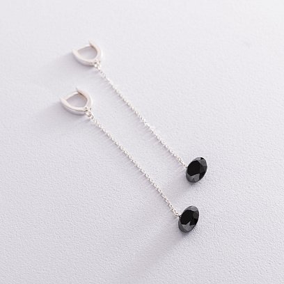 Серебряные серьги с черными камнями на цепочке 122926 №3