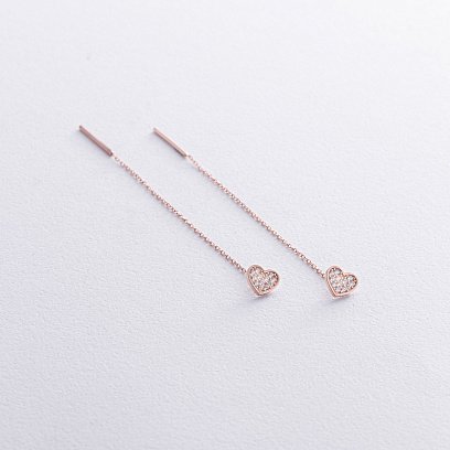 Сережки - протяжки "Сердечки" у червоному золоті (фіаніти) с08063 №4