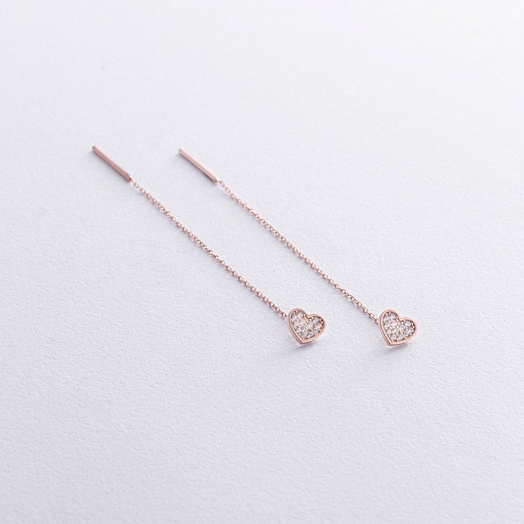 Сережки - протяжки "Сердечки" у червоному золоті (фіаніти) с08063 від ювелірного магазину Онікс - 3