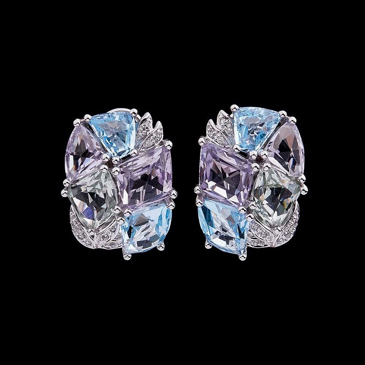 Золотые серьги с бриллиантами, аметистами и топазами E25030C от ювелирного магазина Оникс - 2