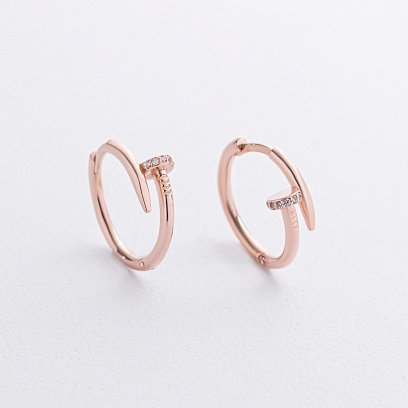 Сережки - кільця "Цвях" у червоному золоті (фіаніти) с09127