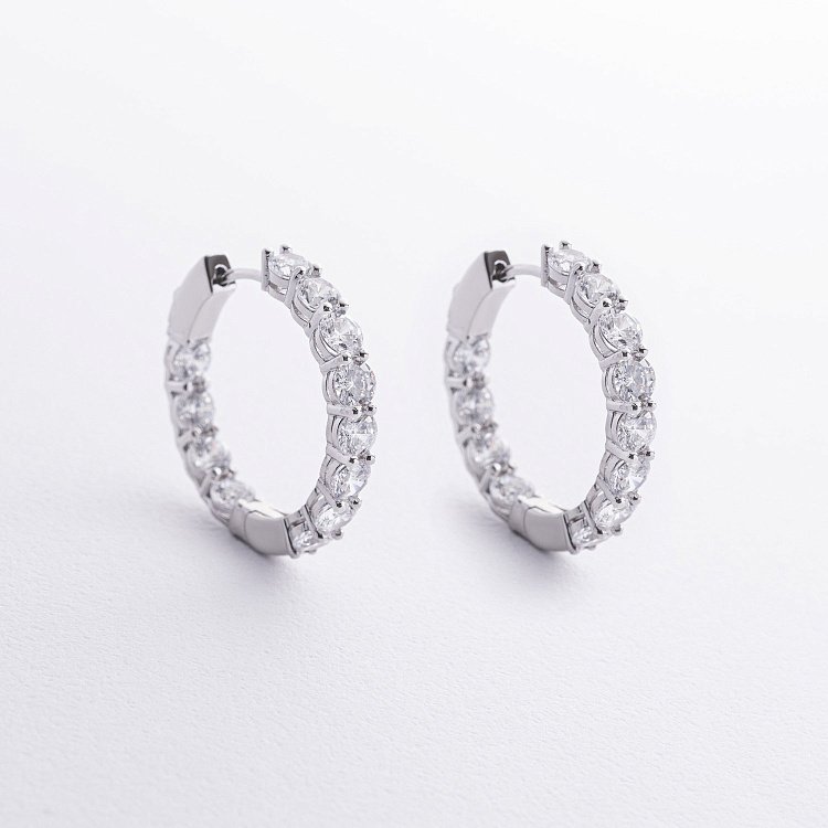 Серебряные серьги - кольца с фианитами 123427 от ювелирного магазина Оникс - 1