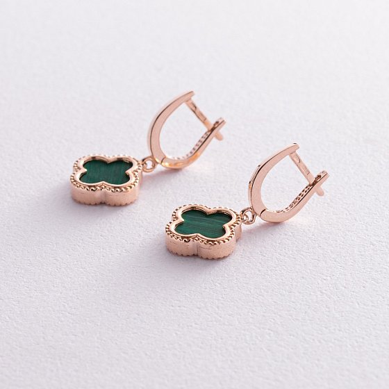 Серьги "Клевер" в красном золоте (малахит) с07670 №3