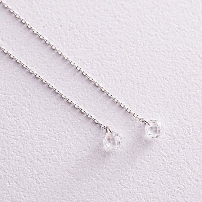 Серьги - пусеты "Фианит на цепочке" в белом золоте с08042 №4