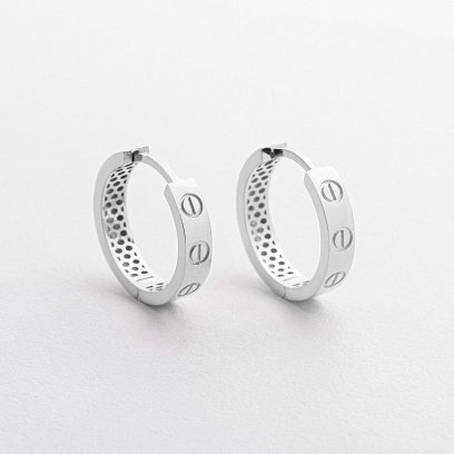 Серьги - кольца "Love" в белом золоте с09345