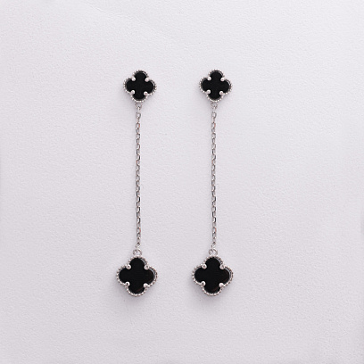 Срібні сережки "Конюшина на ланцюжку" (онікс) 123512