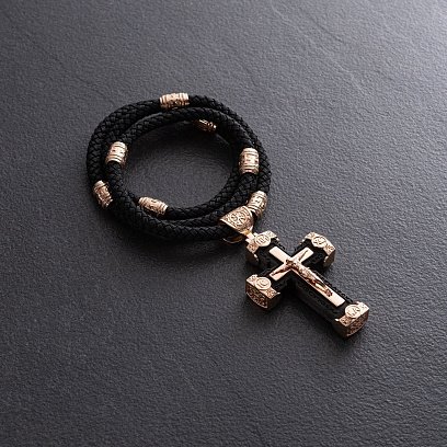 Мужской православный крест из эбенового дерева и золота "Распятие. Спаси и Сохрани" (на шнурке) кол02244 №5