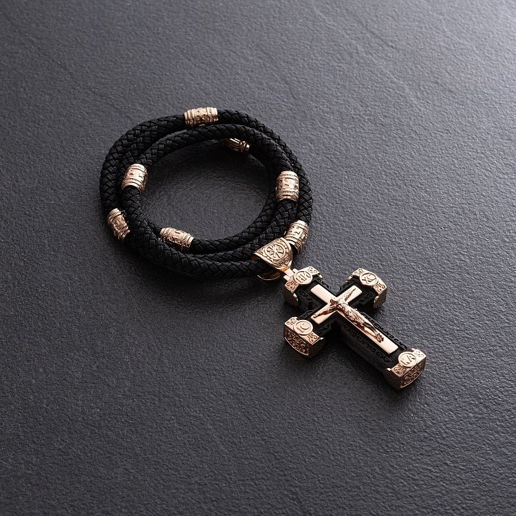 Мужской православный крест из эбенового дерева и золота "Распятие. Спаси и Сохрани" (на шнурке) кол02244 от ювелирного магазина Оникс - 4