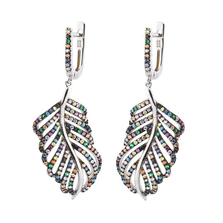 Срібні сережки "Листочок" (різнокольорові фіаніти) 122191 від ювелірного магазину Онікс - 2