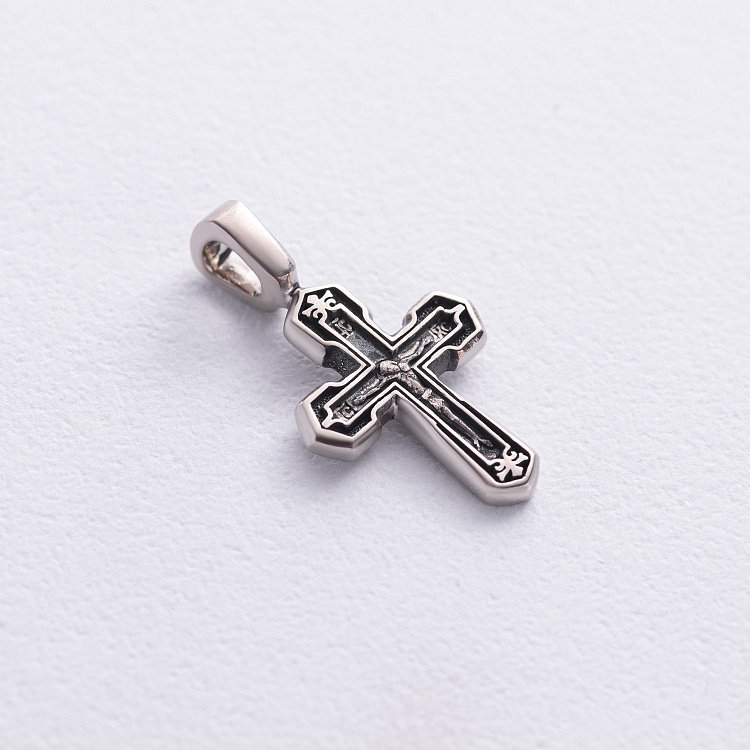 Золотой православный крестик с распятием и молитвой (чернение) п03785 от ювелирного магазина Оникс