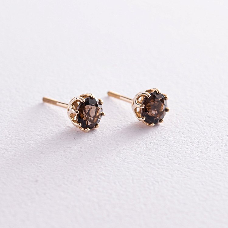 Золотые серьги - пусеты с дымчастым кварцом с06943 от ювелирного магазина Оникс