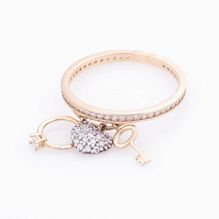 Золотое кольцо "Сердце и ключик" (фианиты) к05071 от ювелирного магазина Оникс - 2