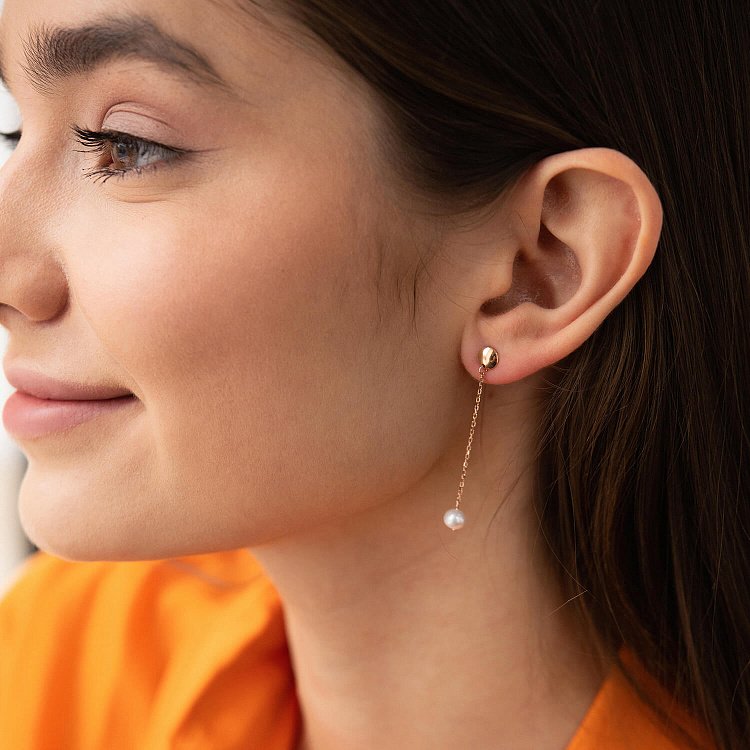 Сережки - пусети "Перлина на ланцюжку" у червоному золоті с08292 від ювелірного магазину Онікс - 2