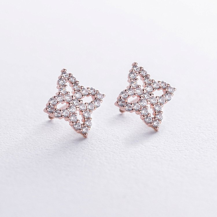 Серьги - пусеты "Клевер" с фианитами (красное золото) с08620 от ювелирного магазина Оникс - 2