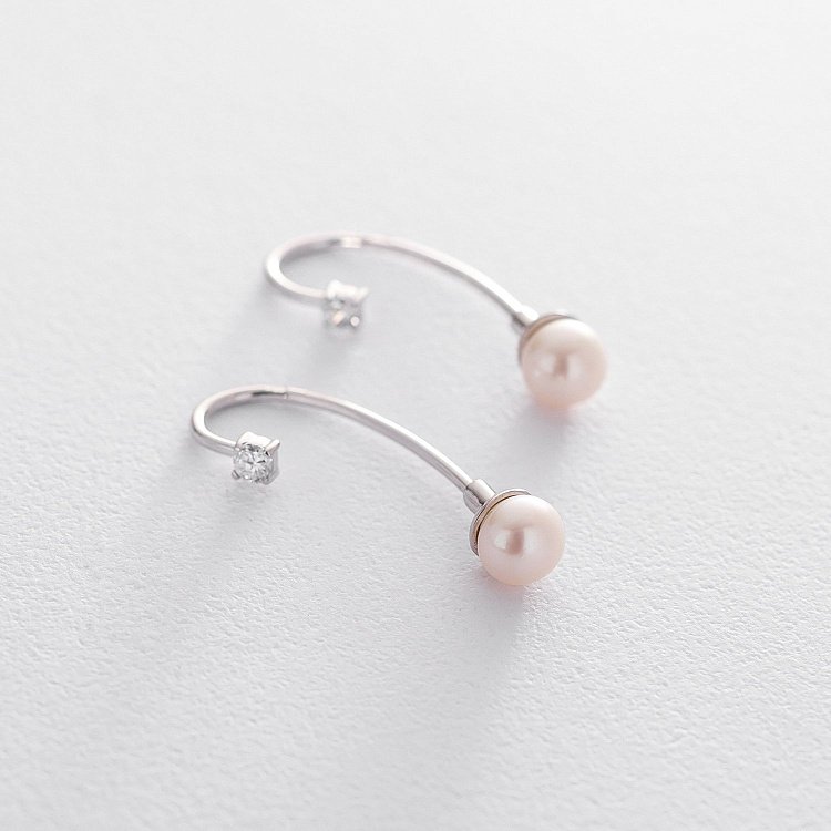 Серьги в белом золоте (культ. пресн. жемчуг, фианиты) с02834 от ювелирного магазина Оникс